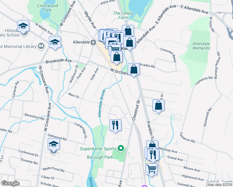 map of restaurants, bars, coffee shops, grocery stores, and more near 106 Carriage Court in Allendale