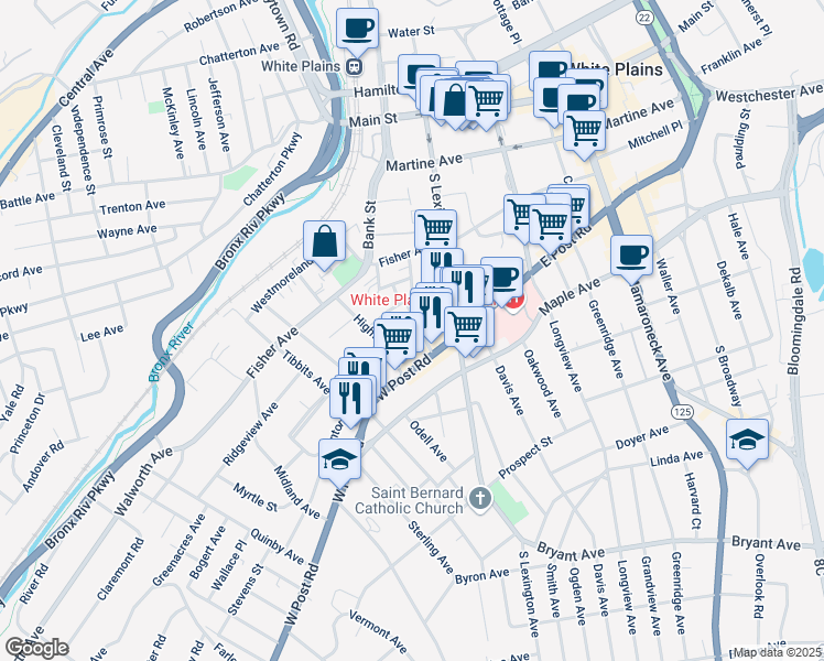 map of restaurants, bars, coffee shops, grocery stores, and more near 32 West Post Road in White Plains