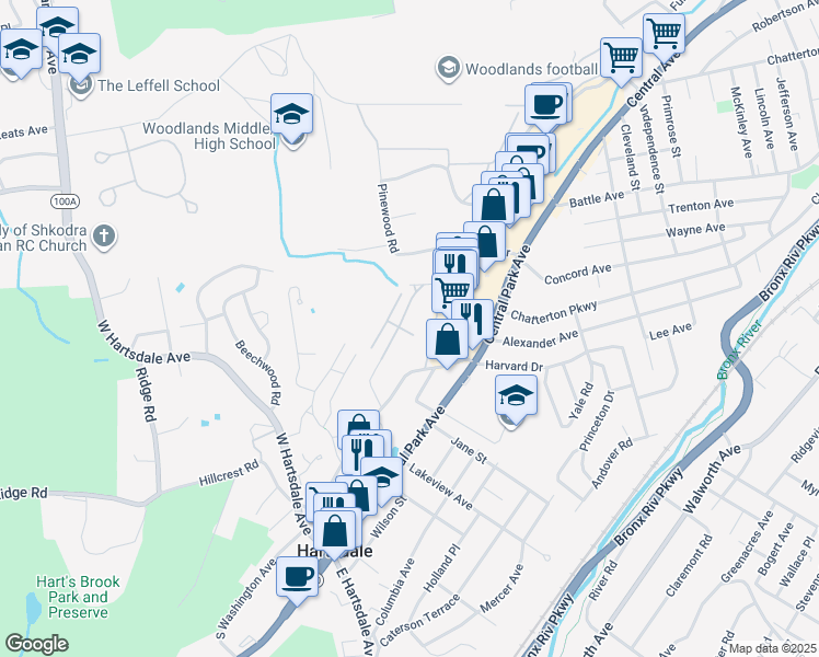 map of restaurants, bars, coffee shops, grocery stores, and more near 723 Colony Drive in Hartsdale