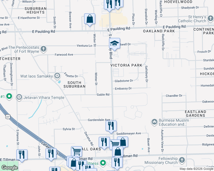 map of restaurants, bars, coffee shops, grocery stores, and more near 6522 South Anthony Boulevard in Fort Wayne