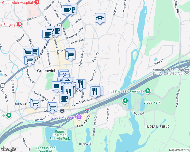 map of restaurants, bars, coffee shops, grocery stores, and more near 47 Locust Street in Greenwich