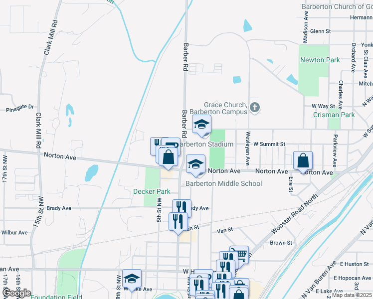 map of restaurants, bars, coffee shops, grocery stores, and more near 555 Barber Road in Barberton