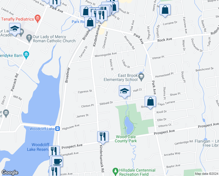 map of restaurants, bars, coffee shops, grocery stores, and more near 20 King Road in Park Ridge
