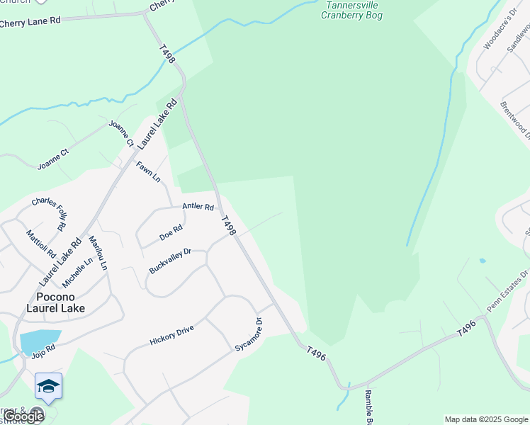 map of restaurants, bars, coffee shops, grocery stores, and more near 105 Lady Bug Lane in East Stroudsburg
