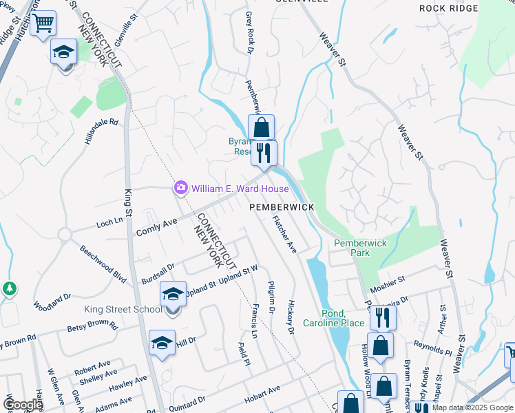 map of restaurants, bars, coffee shops, grocery stores, and more near 33 Nicholas Avenue in Greenwich