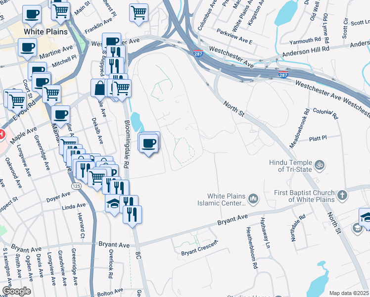 map of restaurants, bars, coffee shops, grocery stores, and more near 21 Bloomingdale Road in White Plains