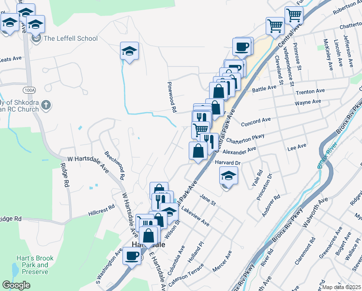 map of restaurants, bars, coffee shops, grocery stores, and more near 723 Colony Drive in Hartsdale