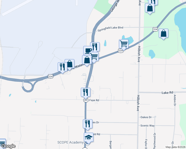 map of restaurants, bars, coffee shops, grocery stores, and more near 1349 George Washington Boulevard in Akron