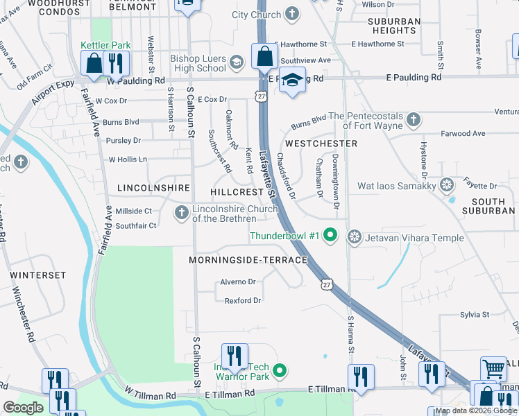 map of restaurants, bars, coffee shops, grocery stores, and more near 302-310 Dunbar Lane in Fort Wayne