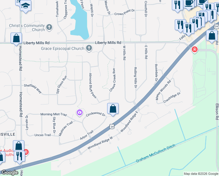 map of restaurants, bars, coffee shops, grocery stores, and more near 6400 Chase Creek Court in Fort Wayne