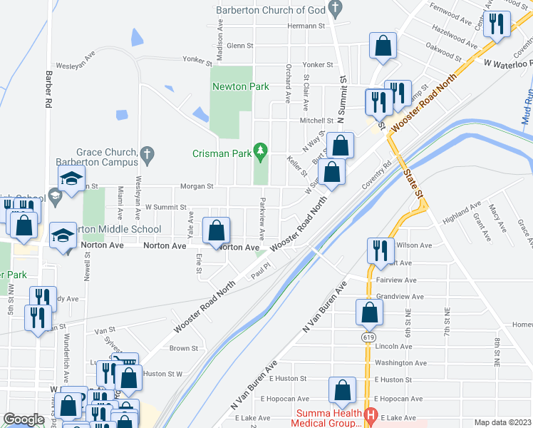 map of restaurants, bars, coffee shops, grocery stores, and more near 553 Parkview Avenue in Barberton