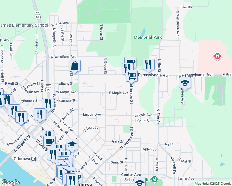 map of restaurants, bars, coffee shops, grocery stores, and more near 724 Camille Street in Ottumwa