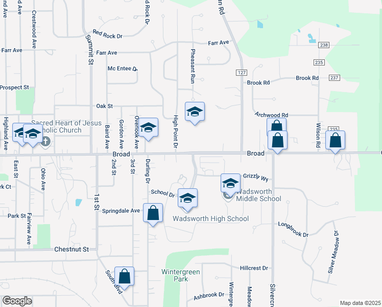 map of restaurants, bars, coffee shops, grocery stores, and more near 625 Broad Street in Wadsworth