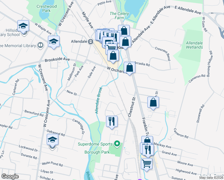 map of restaurants, bars, coffee shops, grocery stores, and more near 106 Carriage Court in Allendale