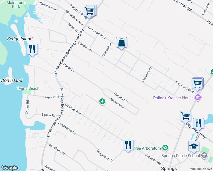map of restaurants, bars, coffee shops, grocery stores, and more near 45 Manor Lane North in East Hampton