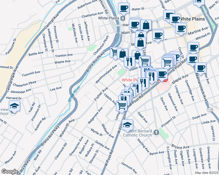 map of restaurants, bars, coffee shops, grocery stores, and more near 196 Fisher Avenue in White Plains