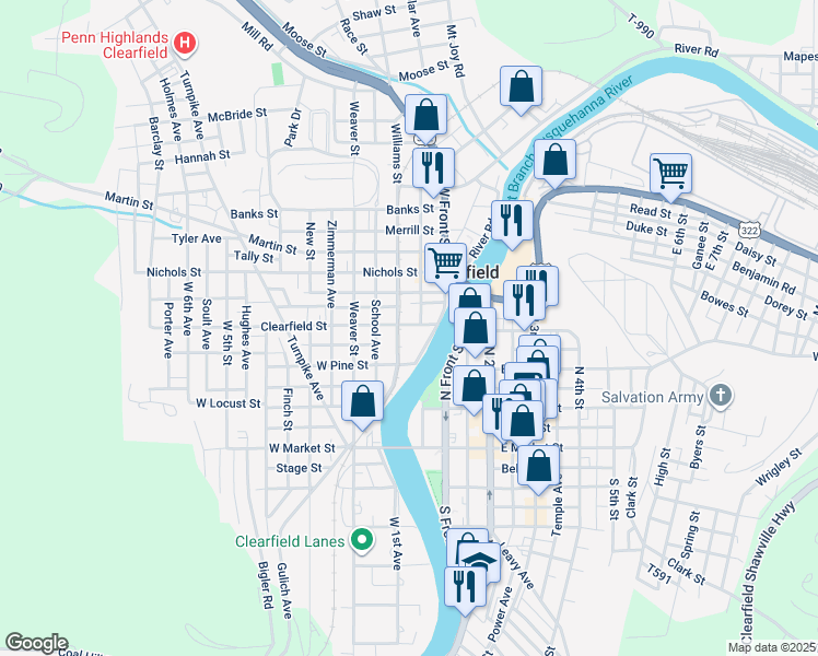 map of restaurants, bars, coffee shops, grocery stores, and more near 124 Clearfield Street in Clearfield