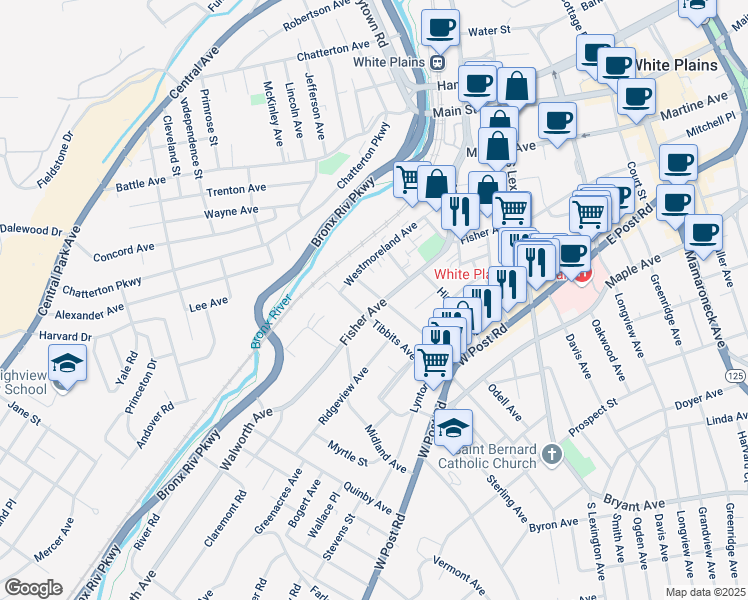 map of restaurants, bars, coffee shops, grocery stores, and more near 196 Fisher Avenue in White Plains