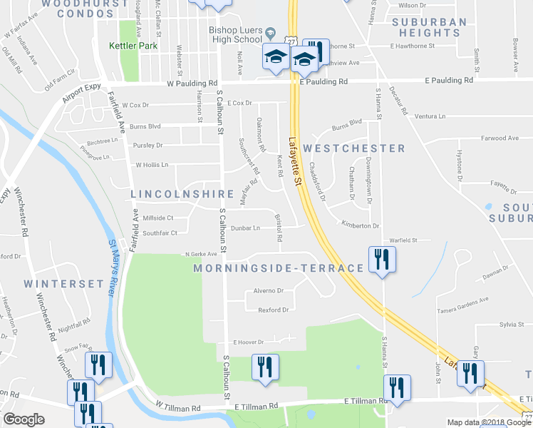map of restaurants, bars, coffee shops, grocery stores, and more near 222 East Concord Lane in Fort Wayne