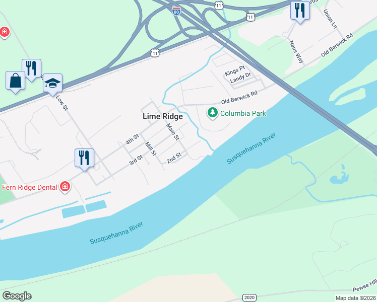 map of restaurants, bars, coffee shops, grocery stores, and more near 6000-6070 Main St in Bloomsburg