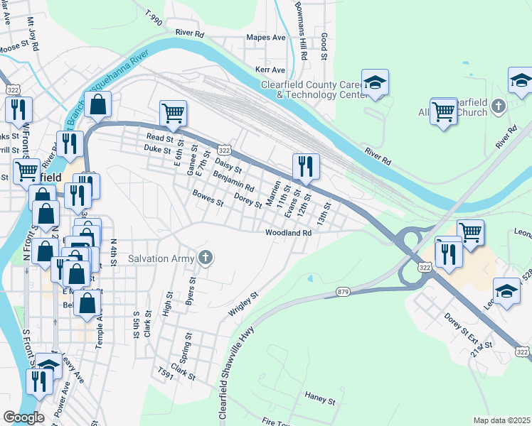map of restaurants, bars, coffee shops, grocery stores, and more near 1007 Dorey Street in Clearfield
