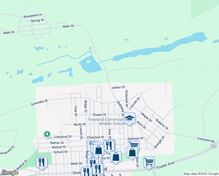 map of restaurants, bars, coffee shops, grocery stores, and more near 1260 Birkbeck Street in Freeland