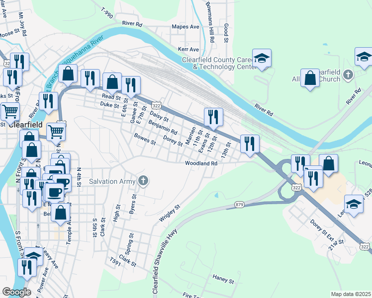 map of restaurants, bars, coffee shops, grocery stores, and more near 1007 Dorey Street in Clearfield