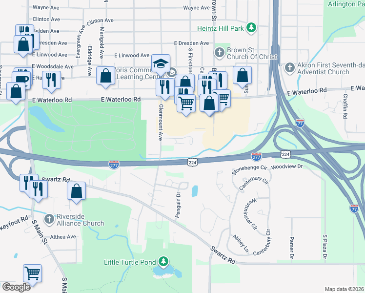 map of restaurants, bars, coffee shops, grocery stores, and more near 320 Guy's Run Road in Akron