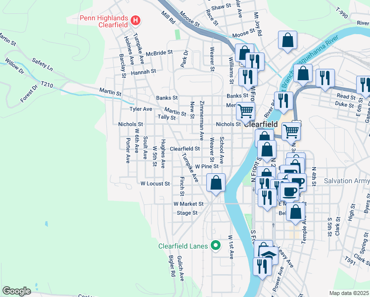 map of restaurants, bars, coffee shops, grocery stores, and more near Clearfield Street in Clearfield