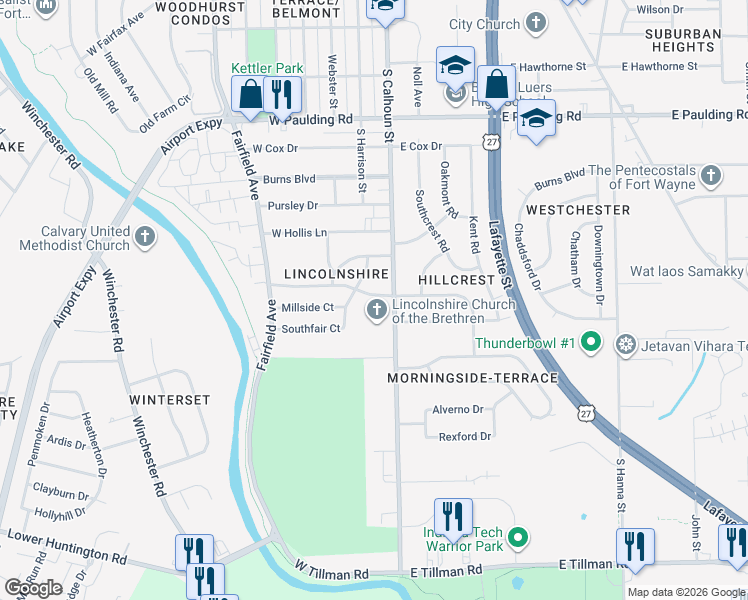 map of restaurants, bars, coffee shops, grocery stores, and more near 117 West Concord Lane in Fort Wayne