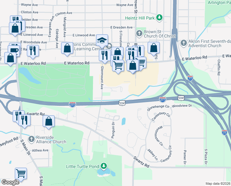 map of restaurants, bars, coffee shops, grocery stores, and more near 320 Guy's Run Road in Akron