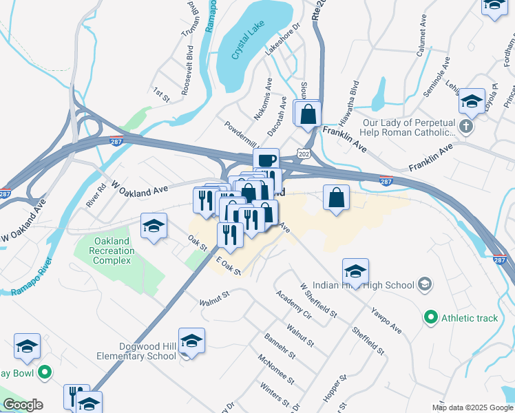 map of restaurants, bars, coffee shops, grocery stores, and more near 394 Ramapo Valley Road in Oakland