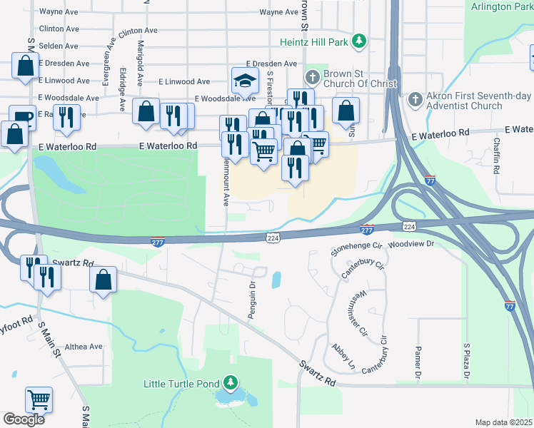 map of restaurants, bars, coffee shops, grocery stores, and more near 320 Guy's Run Road in Akron