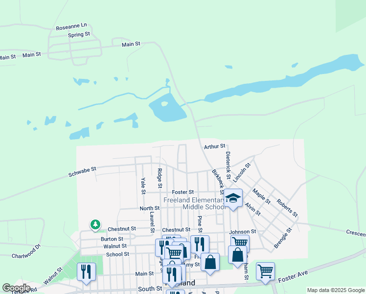 map of restaurants, bars, coffee shops, grocery stores, and more near 1206 Birkbeck Street in Freeland