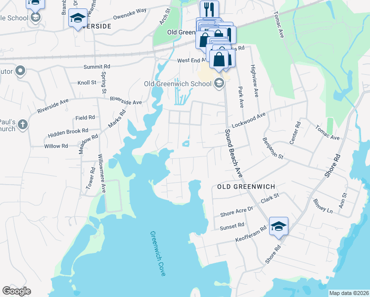 map of restaurants, bars, coffee shops, grocery stores, and more near 32 Heusted Drive in Greenwich