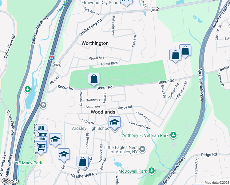 map of restaurants, bars, coffee shops, grocery stores, and more near 263 Secor Road in Hartsdale