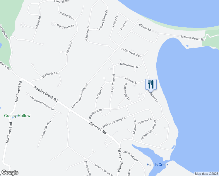 map of restaurants, bars, coffee shops, grocery stores, and more near 14 High Point Road in East Hampton