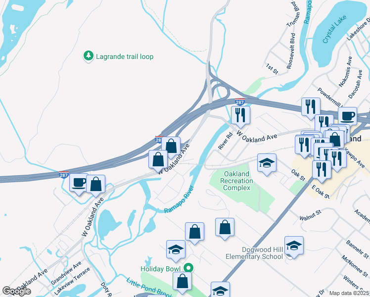 map of restaurants, bars, coffee shops, grocery stores, and more near W Oakland Ave in Oakland