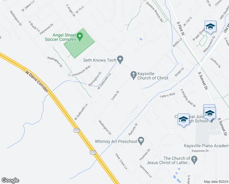 map of restaurants, bars, coffee shops, grocery stores, and more near 1590 Leola Street in Kaysville