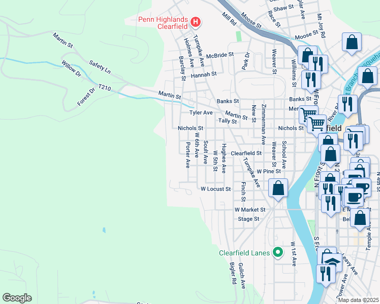 map of restaurants, bars, coffee shops, grocery stores, and more near 715 Clearfield Street in Clearfield