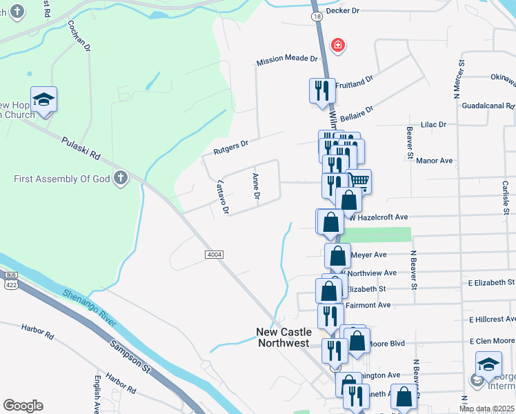 map of restaurants, bars, coffee shops, grocery stores, and more near 9 Lattavo Drive in New Castle