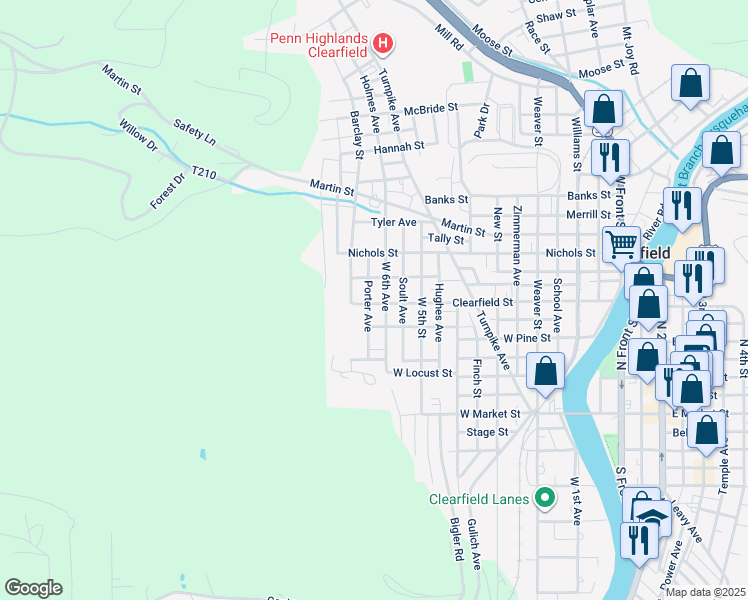 map of restaurants, bars, coffee shops, grocery stores, and more near 715 Clearfield Street in Clearfield