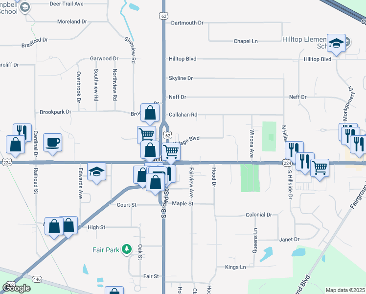 map of restaurants, bars, coffee shops, grocery stores, and more near 60 Village Boulevard in Canfield