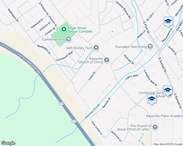 map of restaurants, bars, coffee shops, grocery stores, and more near 1590 Leola Street in Kaysville