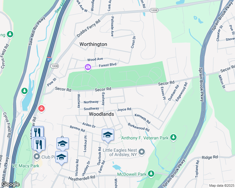 map of restaurants, bars, coffee shops, grocery stores, and more near 263 Secor Road in Hartsdale