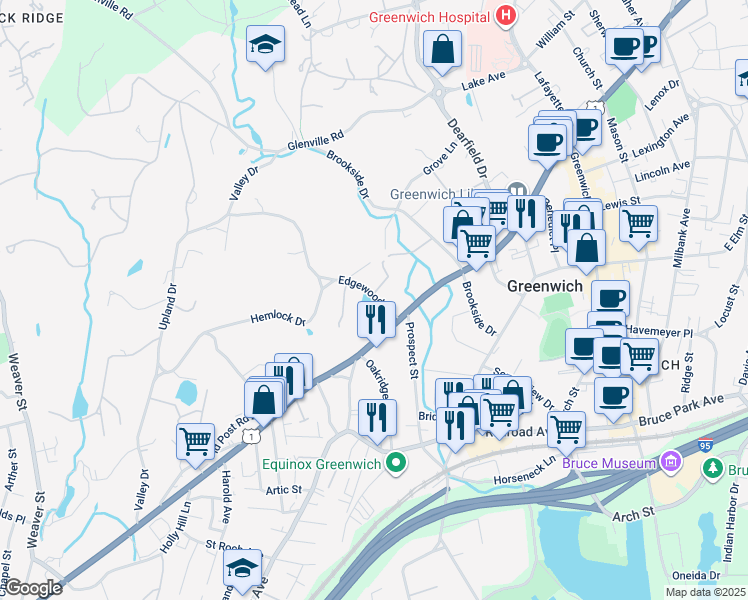map of restaurants, bars, coffee shops, grocery stores, and more near 7 Edgewood Drive in Greenwich
