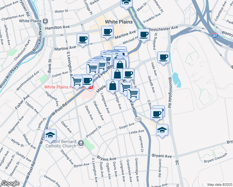 map of restaurants, bars, coffee shops, grocery stores, and more near 5 Greenridge Avenue in White Plains
