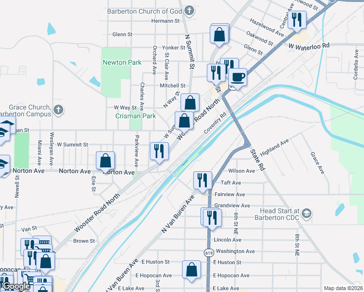 map of restaurants, bars, coffee shops, grocery stores, and more near 736 Wooster Road North in Barberton