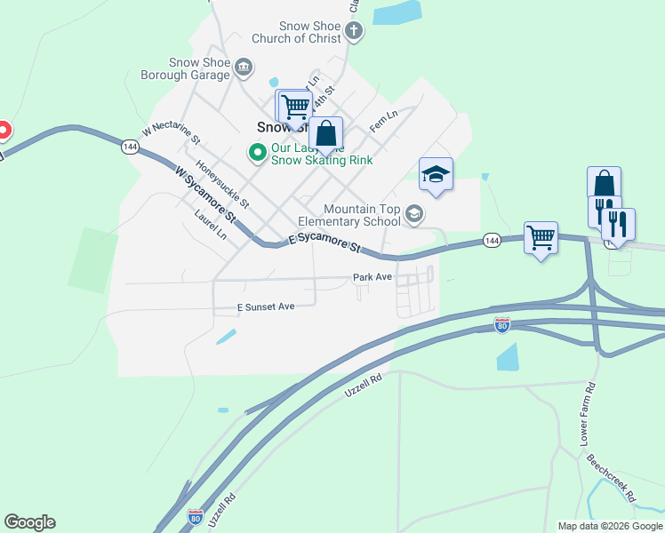 map of restaurants, bars, coffee shops, grocery stores, and more near W Sycamore Rd in Snow Shoe