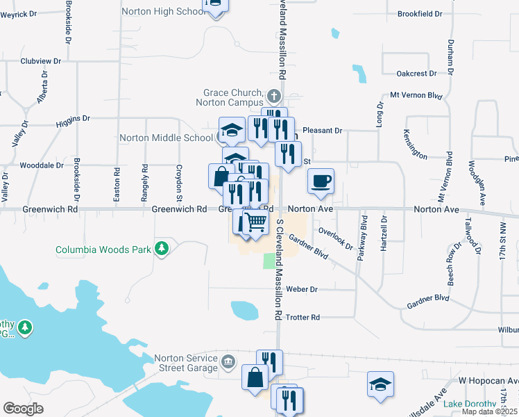 map of restaurants, bars, coffee shops, grocery stores, and more near 3163 Greenwich Road in Norton